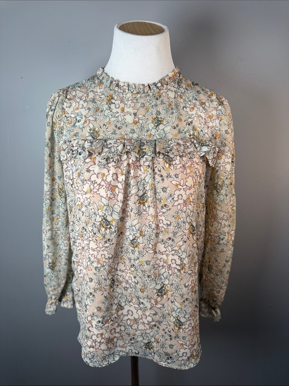 Floral Ruffle Yoke Long-Sleeve Top - Cream/Green